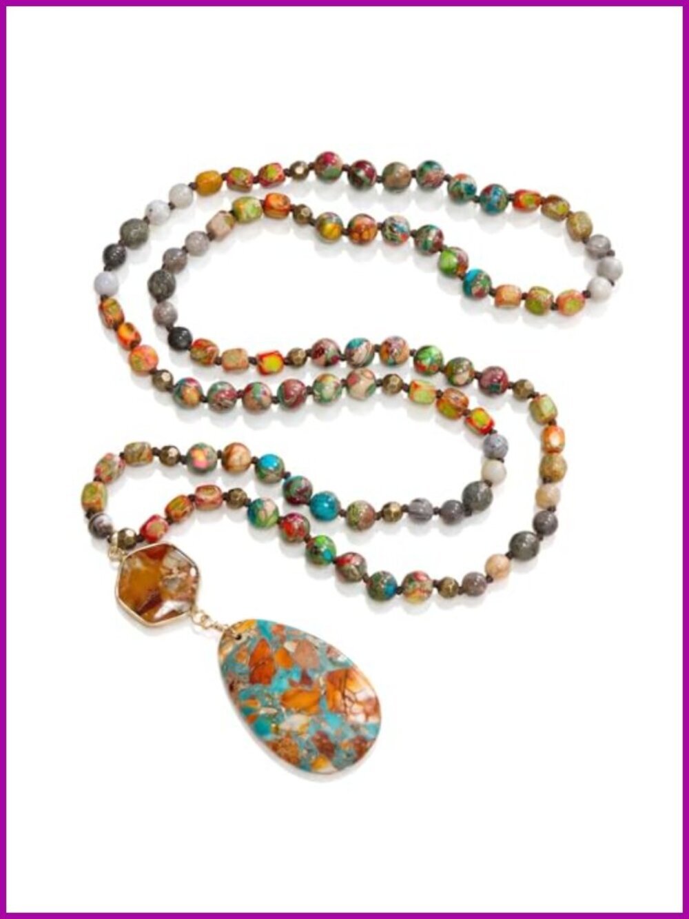 Natural Jade Beaded Long Pendant Necklace Handmade Boho Statement Jewelry